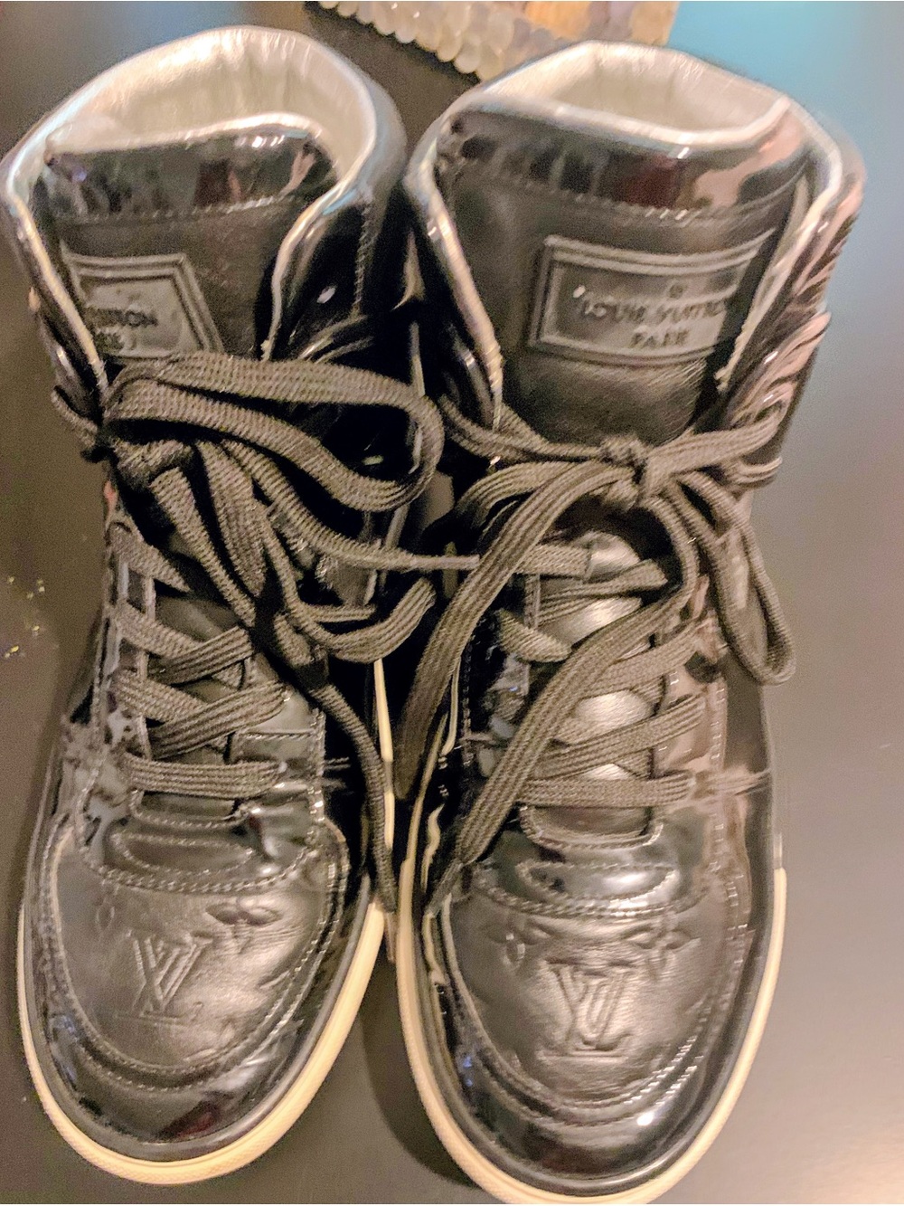 Louis Vuitton Black Patent Leather High-Top Sneakers with Embossed Monogram